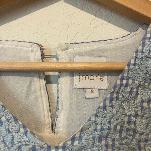 J. Marie Blue GIngham Plaid Lace Embroidered Tiered Mini Dress Womens Size Small - Picture 5 of 6